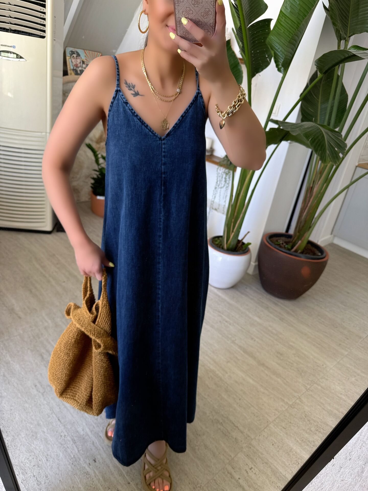 İp Askılı Denim Elbise