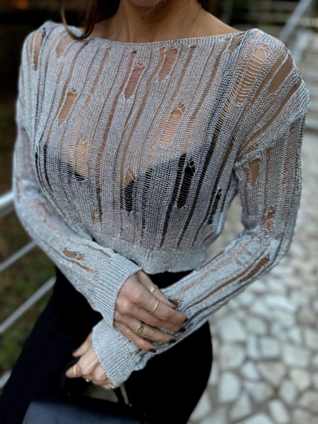 Gümüş Renk Triko Bluz