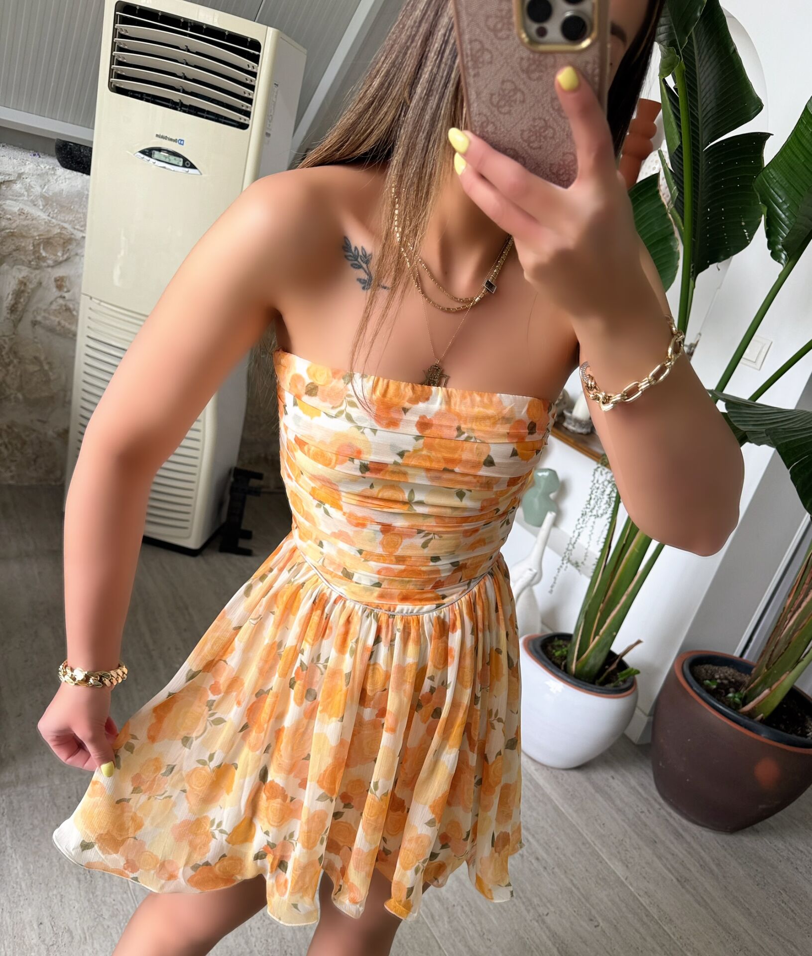 Drapeli Straplez Orange Şifon Elbise