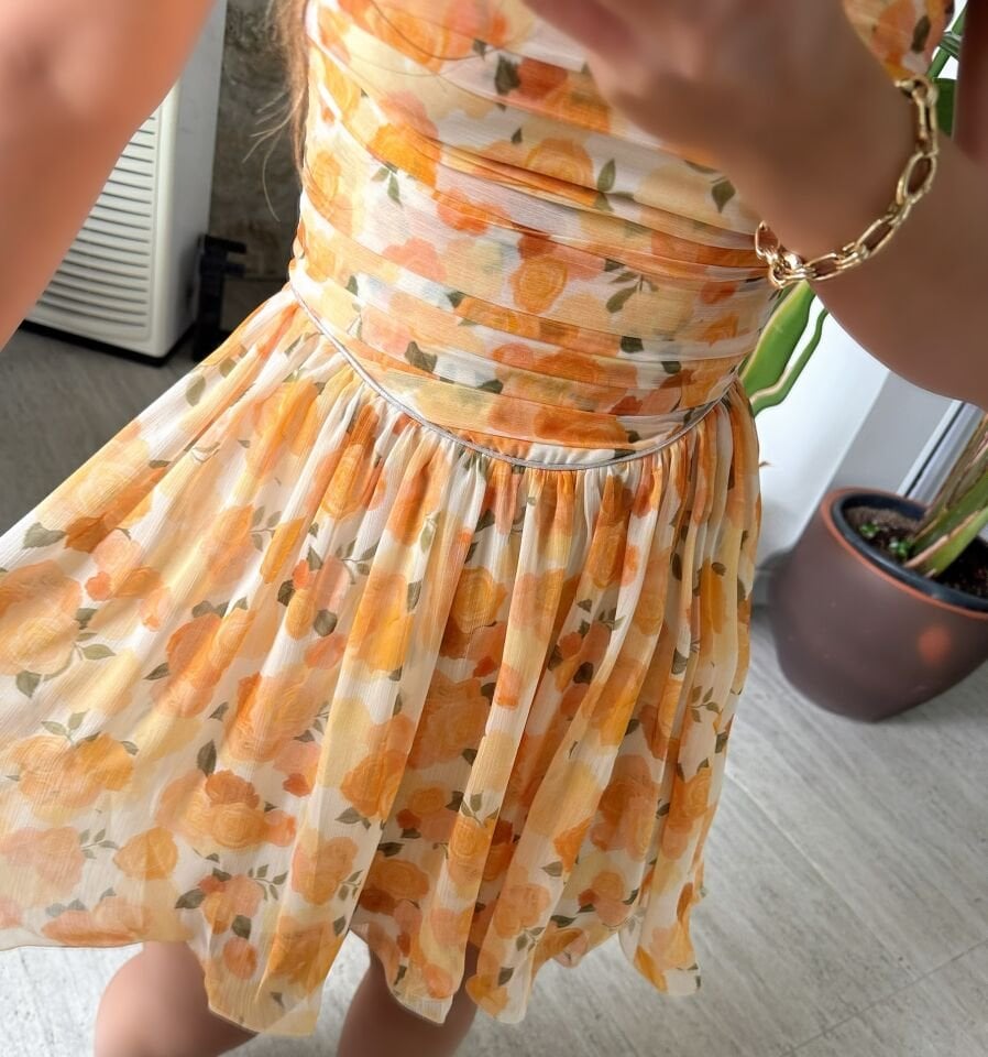Drapeli Straplez Orange Şifon Elbise