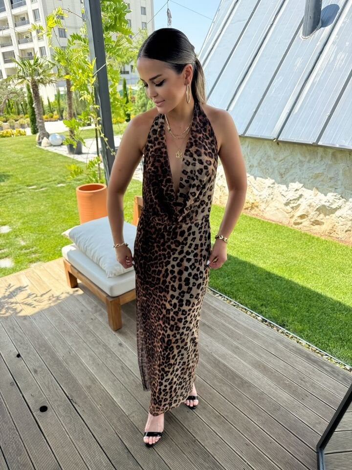 Degaje Yaka Leopar Elbise