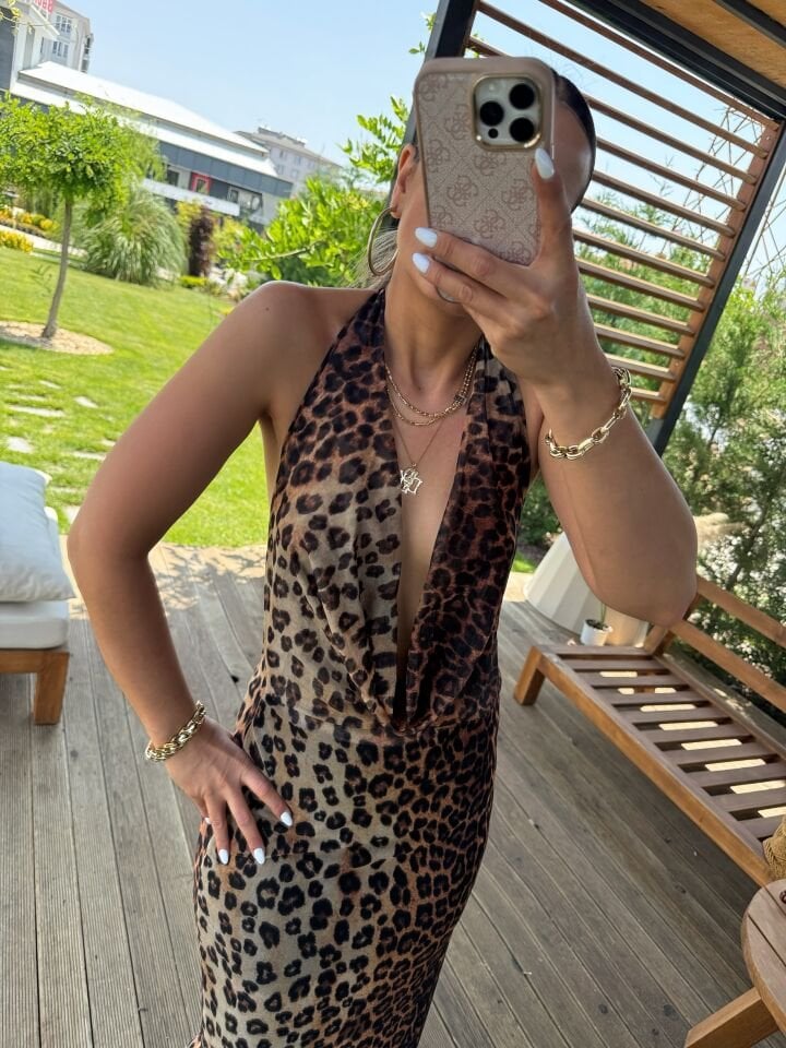 Degaje Yaka Leopar Elbise
