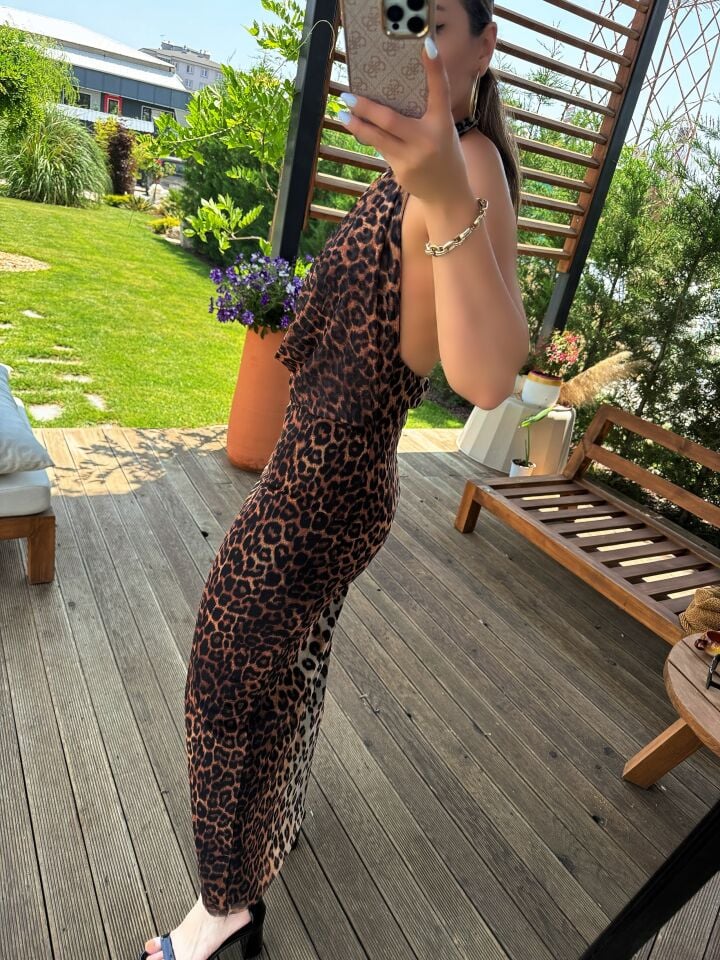 Degaje Yaka Leopar Elbise