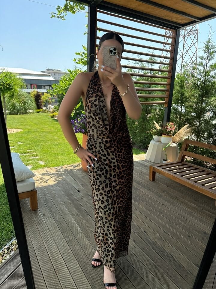Degaje Yaka Leopar Elbise