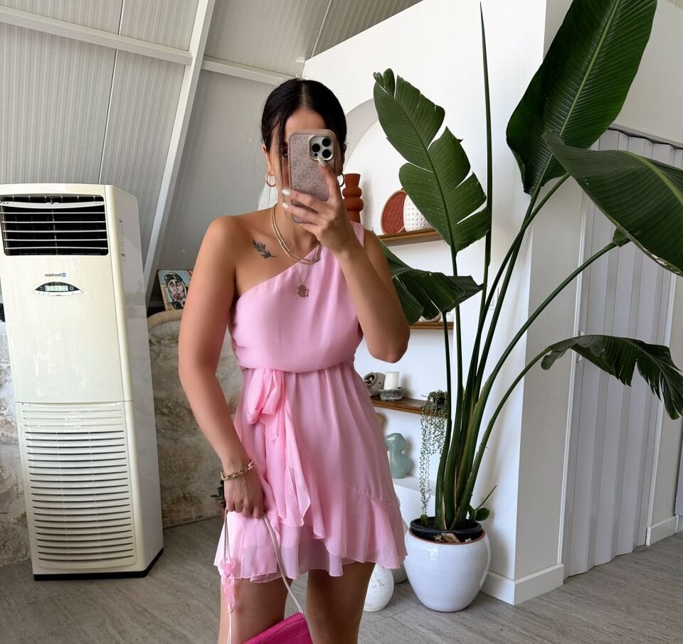 Şifon Tek Omuz Rose Elbise