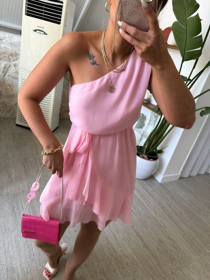 Şifon Tek Omuz Rose Elbise