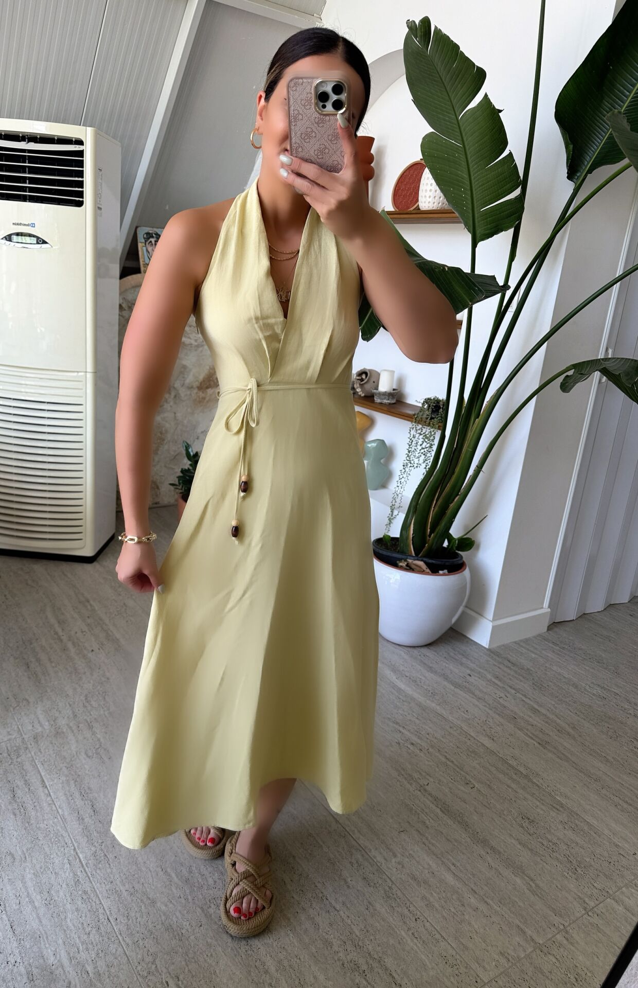Halter Yaka Keten Elbise