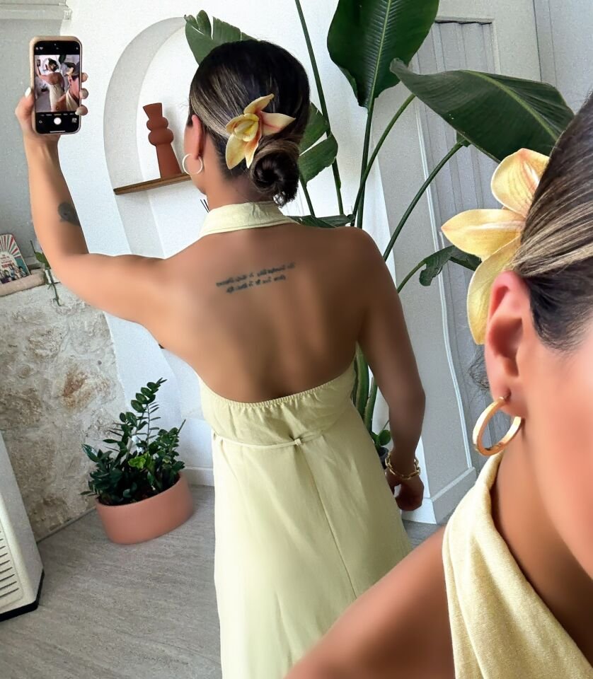 Halter Yaka Keten Elbise