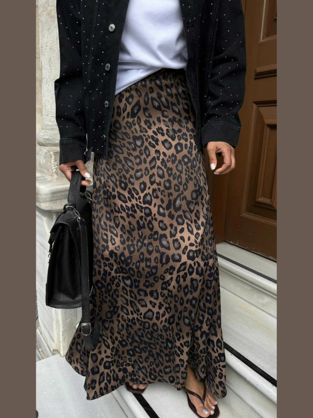 Leopar Desenli Saten Etek
