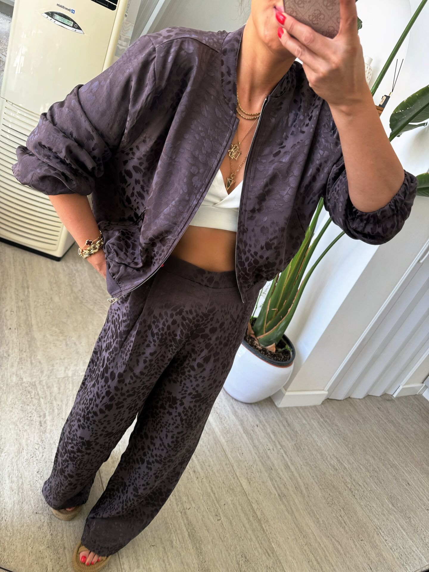 Saten Dokuda Bomber Ceket Palazzo Takım