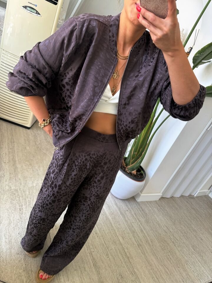 Saten Dokuda Bomber Ceket Palazzo Takım