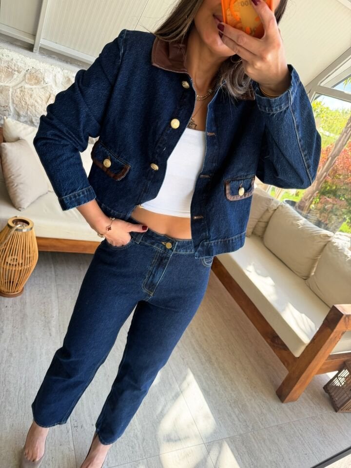 Deri Detaylı Denim Takım