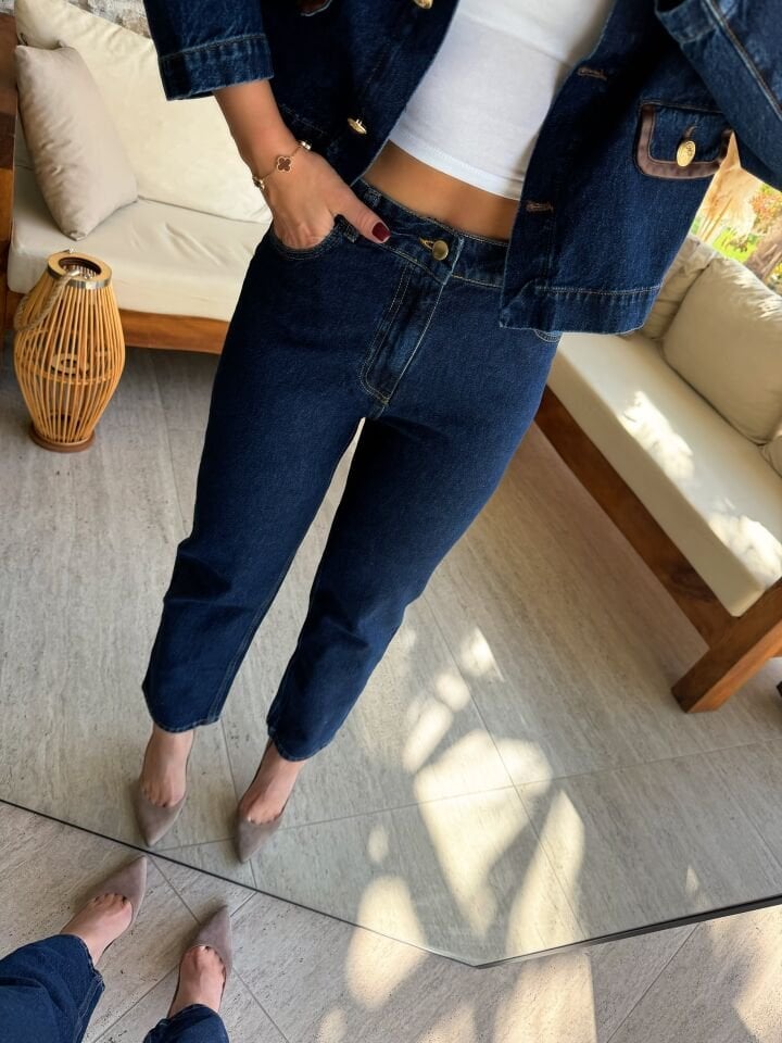 Deri Detaylı Denim Takım