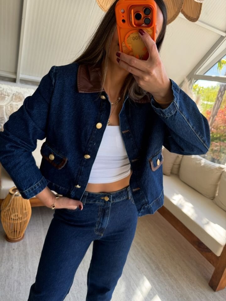 Deri Detaylı Denim Takım