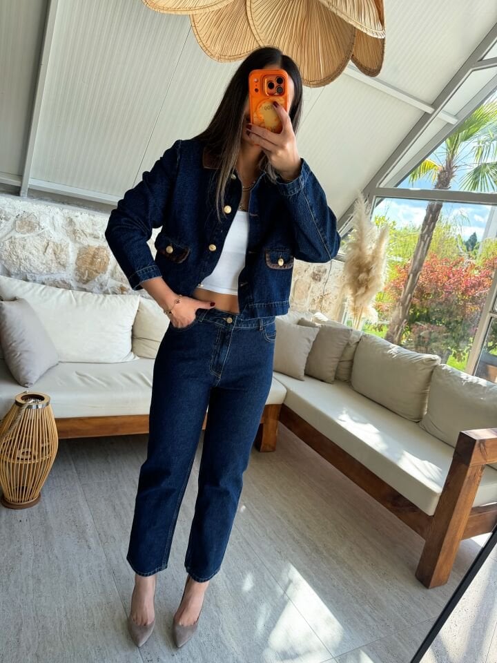 Deri Detaylı Denim Takım