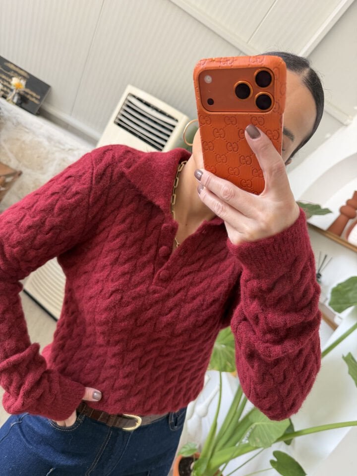 Polo Yaka Düğmeli Kazak