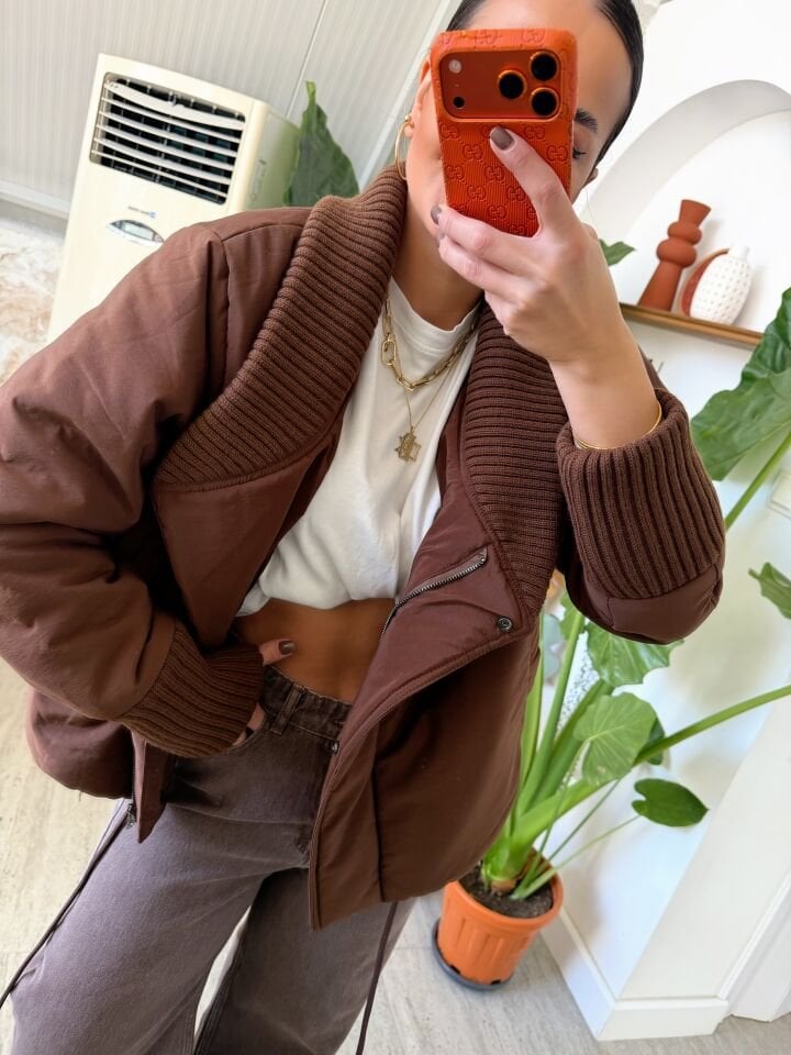 Triko Detaylı Puffer Mont